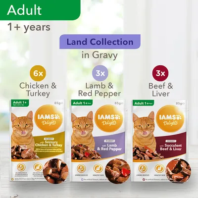 IAMS Delights Land Collection in Gravy til voksne katte 1+ år: 6x Chicken & Turkey, 3x Lamb & Red Pepper, 3x Beef & Liver. Pakker med kat og synlige stykker foder i sovs.
