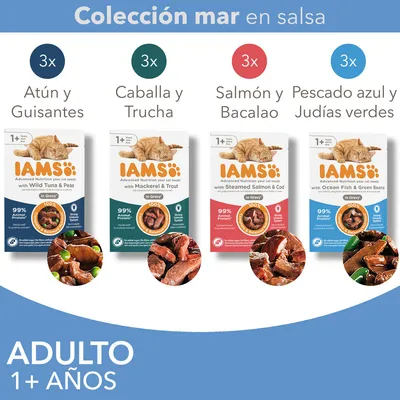 Colección mar en salsa IAMS para gatos adultos 1+ años: 3x atún y guisantes, 3x caballa y trucha, 3x salmón y bacalao, 3x pescado azul y judías verdes. 99 % proteína animal.