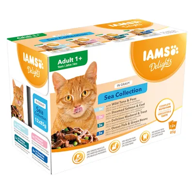 Confezione IAMS Delights Adult 1+ Sea Collection in salsa, 12x85g. Visibili varianti: tonno e piselli, salmone e merluzzo, sgombro e trota, pesce oceanico e fagiolini.