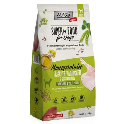 MAC's Mono Super Food for Dogs, Trockenfutter für ausgewachsene Hunde. Monoprotein: Frisches Kaninchen & Süsskartoffel. Inhalt 12 kg. Von Tierärzten empfohlen.