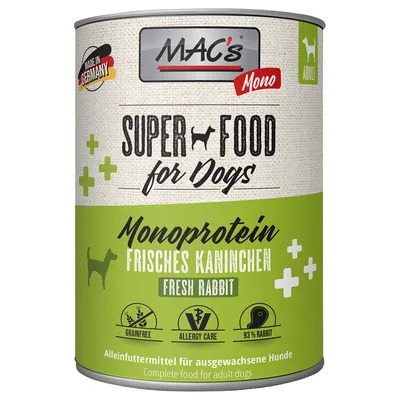 MAC's Super Food for Dogs, monoproteină cu iepure proaspăt. Fără cereale, potrivit pentru alergici, 93% iepure. Hrană completă pentru câini adulți. Made in Germany.