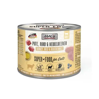 MAC's Pute, Rind & Heidelbeeren natvoer voor katten. Tekst: Turkey, Beef & Blueberries, Super Food for Cats, graanvrij, omega 6, high meat content. Blik met ingrediëntenafbeeldingen.