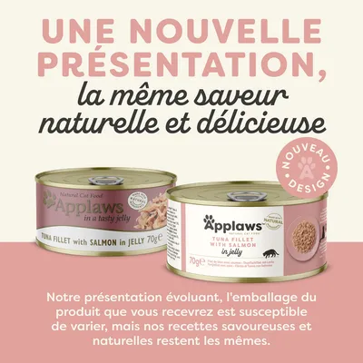 Une nouvelle présentation, la même saveur naturelle et délicieuse. Applaws TUNA FILLET WITH SALMON IN JELLY 70g. Nouveau design. L’emballage peut varier, recette inchangée.