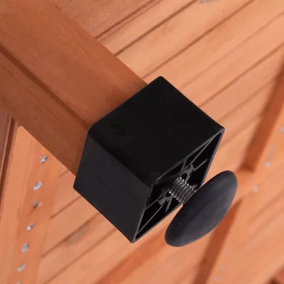 Närbild av justerbar plastfot med skruv på träyta, synlig svart fyrkantig bas och rund fotplatta. Material: plast och trä.