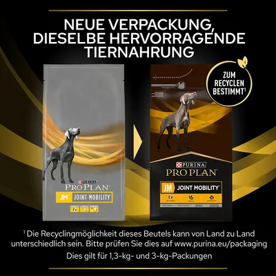 Purina Pro Plan Joint Mobility Tiernahrung. Neue Verpackung, dieselbe hervorragende Qualität. Zum Recyceln bestimmt. Gilt für 1,3-kg und 3-kg-Packungen.
