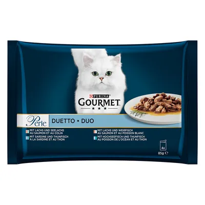 Purina Gourmet Perle Duetto Duo, 4x85g, variétés : saumon et colin, sardine et thon, saumon et poisson blanc, poisson de l’océan et thon. Image d’un chat blanc et d’une assiette.