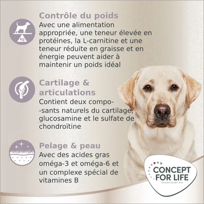 Contrôle du poids, cartilage & articulations, pelage & peau : Concept for Life. Protéines, L-carnitine, glucosamine, chondroïtine, oméga-3, oméga-6, vitamines B.