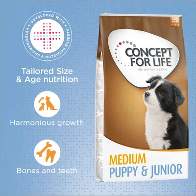 CONCEPT FOR LIFE Medium Puppy & Junior, alimento per cani cuccioli di taglia media, peso adulto 11–25 kg. Testo visibile: Tailored Size & Age nutrition, Harmonious growth, Bones and teeth.