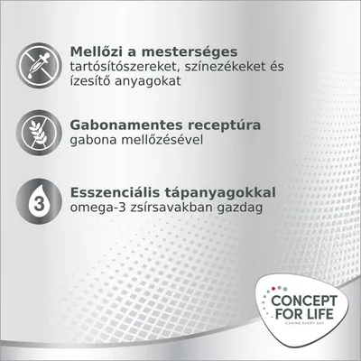 Mellőzi a mesterséges tartósítószereket, színezékeket és ízesítő anyagokat. Gabonamentes receptúra. Esszenciális tápanyagokkal, omega-3 zsírsavakban gazdag. CONCEPT FOR LIFE.