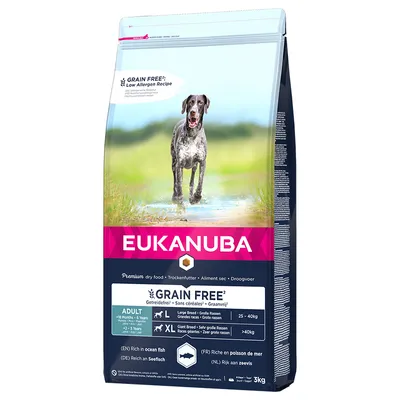 Eukanuba Premium tørfoder, kornfri, til store og meget store racer, rig på havfisk, egnet fra 18 måneder, pakningsstørrelse 3 kg.