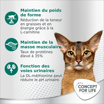 Maintien du poids de forme, réduction des graisses grâce à la L-carnitine ; masse musculaire, protéines 35 % ; fonction urinaire, DL-méthionine réduit le pH. Concept for Life.