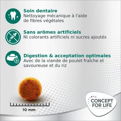 Soin dentaire, sans arômes artificiels, digestion et acceptation optimales. Croquette de 10 mm. Concept for Life. Texte en français belge.
