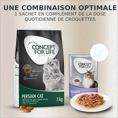 Concept for Life Persian Cat 3 kg croquettes et sachet Beauty, visuels de croquettes et pâtée. Texte : Une combinaison optimale, 1 sachet en complément de la dose quotidienne de croquettes.