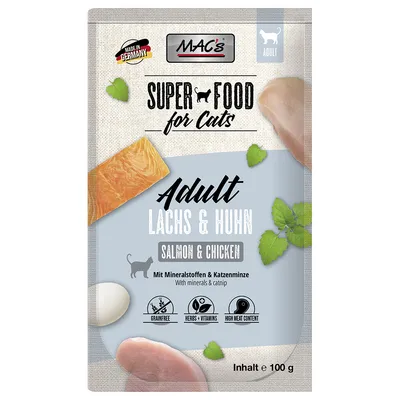 MAC's Superfood for Cats Adult lazac és csirke, gabonamentes, gyógynövényekkel, vitaminokkal, magas hústartalommal, ásványi anyagokkal és macskamentával. 100 g. Made in Germany.