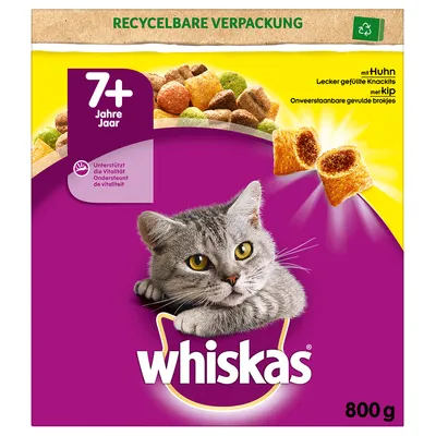 whiskas 7+ Jahre, 800 g. Recycelbare Verpackung. mit Huhn, Lecker gefüllte Knackits mit Klp. Unterstützt die Vitalität. Billede af kat og fyldte foderstykker.