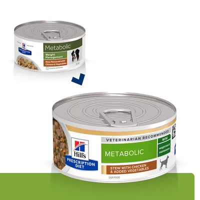 Hill's Prescription Diet Metabolic, painonhallinta, haudutettu kanaa ja vihanneksia, eläinlääkärin suosittelema, koirille, purkki vetorenkaalla.