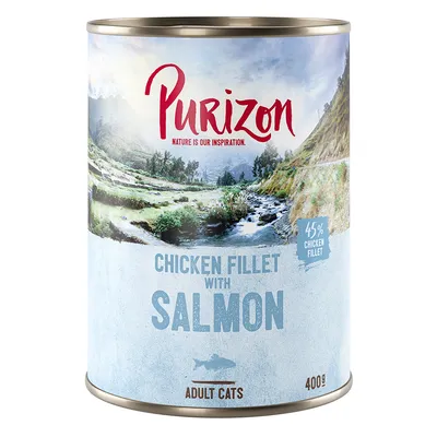 Purizon Chicken Fillet with Salmon, 45 % chicken fillet, pour chats adultes, 400 g. Texte en anglais sur l’emballage.