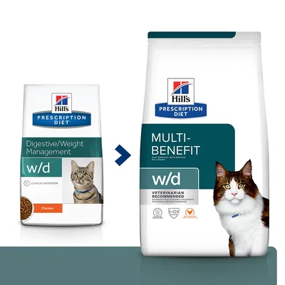 Hill's Prescription Diet w/d mačja hrana: stara ambalaža 'Digestive/Weight Management', nova ambalaža 'Multi-Benefit', obje s fotografijom mačke i vidljivim logotipom brenda.