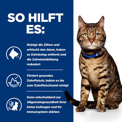 So hilft es: Reinigt Zähne, entfernt Zahnbelag, reduziert Zahnsteinbildung. Fördert gesundes Zahnfleisch. Unterstützt Allgemeingesundheit und stärkt Immunsystem der Katze.