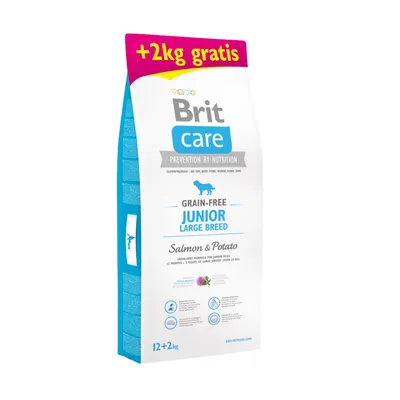 Brit Care Grain-Free Junior Large Breed, saumon & pomme de terre, 12+2 kg gratuit. Pour chiots grandes races. Texte visible : prevention by nutrition, sans céréales.