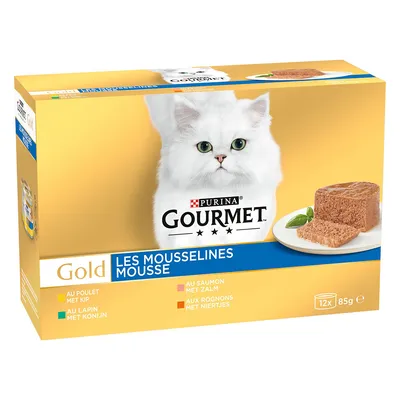 Purina Gourmet Gold Les Mousselines Mousse, 12x85g. Sorten: Huhn, Kaninchen, Lachs, Nieren. Verpackung mit weisser Katze und Abbildung von Mousse auf Teller.