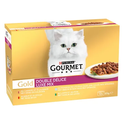 Purina Gourmet Gold Double Délice Luxe Mix, 12x85г. Виды: утка и индейка, говядина и курица, рыба в шпинатном соусе, кролик и печень.