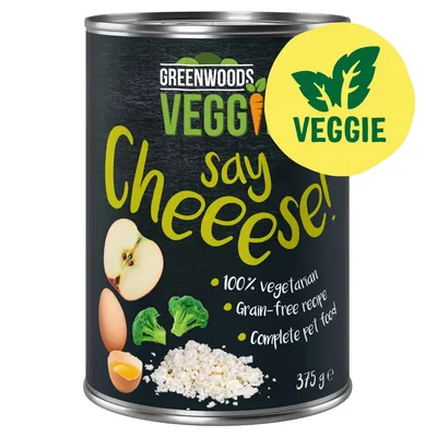 Boîte Greenwoods Veggie say Cheeese! 375 g, texte visible : 100% vegetarian, grain-free recipe, complete pet food. Ingrédients illustrés : pomme, œuf, brocoli, fromage. Badge VEGGIE.