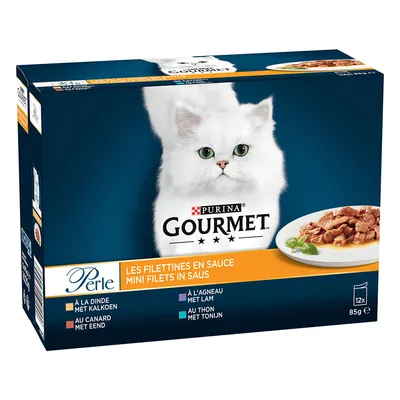 Purina Gourmet Perle Les Filettines en Sauce, minibitar i sås. Smaker: kalkon, anka, lamm, tonfisk. Förpackning med 12x85g.