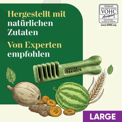 Greenies Large. Hergestellt mit natürlichen Zutaten, von Experten empfohlen. VOHC akzeptiert zur Kontrolle von Plaque und Zahnstein.