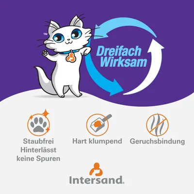 Intersand Katzenstreu mit dreifacher Wirksamkeit: staubfrei, hart klumpend, Geruchsbindung. Illustration einer Katze und Markenlogo.