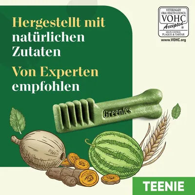 Greenies Teenie. Hergestellt mit natürlichen Zutaten, von Experten empfohlen. VOHC-Siegel zur Kontrolle von Plaque und Zahnstein.