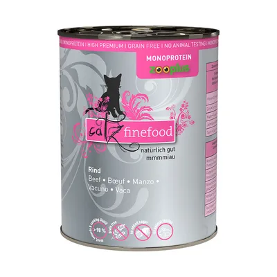 Catz Finefood hovězí, monoprotein, přirozeně dobré, bez obilovin, bez testování na zvířatech, 98 % masa, bez přidaného cukru. Zooplus exkluzivně.