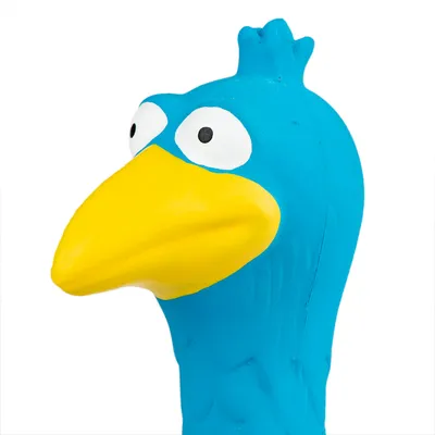 Speelgoed in de vorm van een blauwe vogel met gele snavel en grote witte ogen.