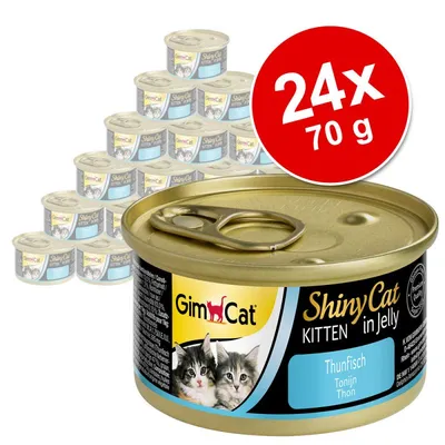Pack de 24 latas GimCat ShinyCat Kitten in Jelly Thunfisch, 70 g cada una. Imagen de la lata con gatitos y texto visible en varios idiomas.