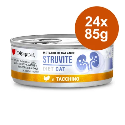 Disugual Struvite Diet Cat al tacchino, 24x85g. Alimento dietetico per gatti per il supporto e la riduzione dei calcoli di struvite.