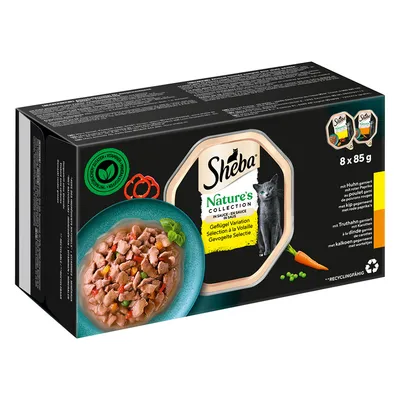Sheba Nature’s Collection Sélection à la Volaille en sauce, lot de 8 x 85 g. Image d’un plat de morceaux en sauce, mentions vitamines et ingrédients naturels visibles sur l’emballage.
