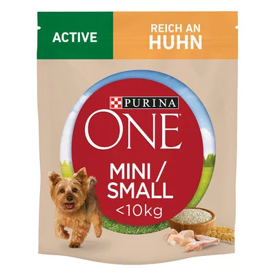 Confezione Purina ONE Mini/Small <10 kg Active, reich an Huhn. Immagine di cane piccolo, ciotola con cereali e pezzi di pollo visibili sulla confezione.