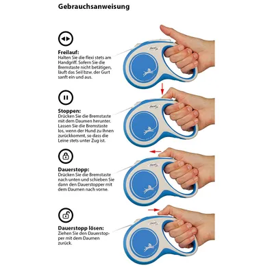 Bruksanvisning för Flexi-leash: friläge, stopp med bromsknapp, aktivera och släppa permanentstopp med tummen. Steg-för-steg-guide med bilder och text.