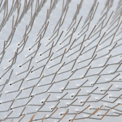 Close-up of metal bristles on a white surface, possibly part of a brush or grooming product.