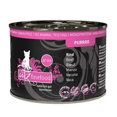 Catz Finefood blik Nr. 119, rund, monoproteïne, graanvrij, zonder dierproeven, 98% vlees en kookvocht, zonder toegevoegde suikers, premiumkwaliteit.