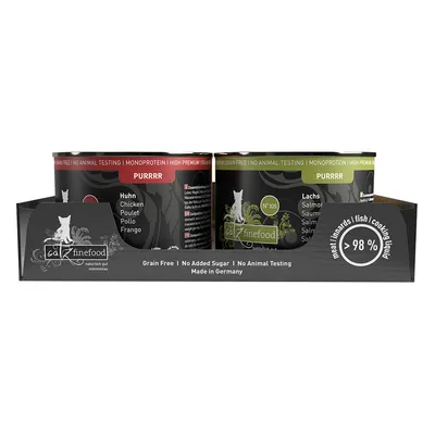 catz finefood PURRRR, zestaw puszek: Huhn (kurczak) i Lachs (łosoś), monoproteinowe, bez zbóż, bez dodatku cukru, 98 % mięsa/ryb, wyprodukowane w Niemczech