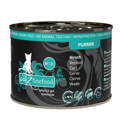 catz finefood N°121, jeleń, monobiałkowa, bez zbóż, bez dodatku cukru, bez testów na zwierzętach, 98% mięsa i wywaru.