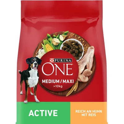 Purina ONE Medium/Maxi Active, bohaté na kuře s rýží, pro psy nad 10 kg. Balení zobrazuje ingredience jako kuře, rýži a zeleninu.