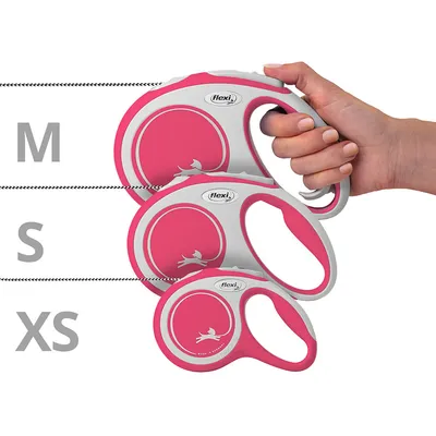 Flexi rullkoppel i storlekarna XS, S och M, rosa-vitt design med ergonomiskt handtag. Visar olika koppelängder för olika storlekar.