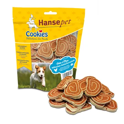 Hansepet Cookies Delikatessen für Hunde, Huhn & Meer Hühnchen-Seelachsroulade. Lebensmittelqualität, fettarm und leicht verdaulich, schonend im Ofen getrocknet.