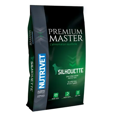 Sac de croquettes NUTRIVET PREMIUM MASTER SILHOUETTE, aliment complet pour chien adulte de 2 à 7 ans, l’alimentation équilibrée, mentions équilibre, digestion, énergie visibles.