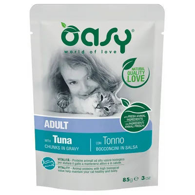 Oasy Adult con tonno in salsa, 85g. Ingredienti animali freschi, vitalità: proteine animali ad alto valore biologico per gatti attivi e sani.