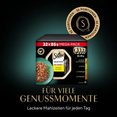 Sheba Selection in Sauce Geflügel Variation, Mega-Pack mit 32x85g. Sorten: Huhn, Truthahn, Geflügel. Für viele Genussmomente. Leckere Mahlzeiten für jeden Tag.
