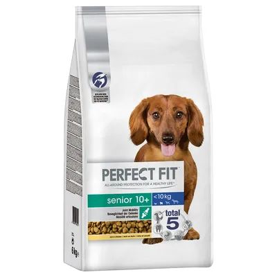 Confezione da 6 kg di crocchette Perfect Fit senior 10+ per cani <10 kg, mobilità articolare, total 5, ricco in pollo. Testo visibile: Joint Mobility, Mobilità articolare.