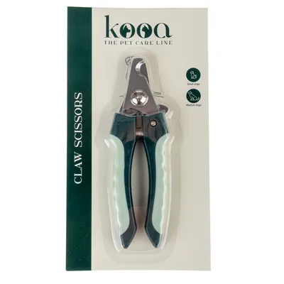 kooa Claw Scissors. Claw scissors for small and medium-sized dogs, packaging with green handle design and metal blades.